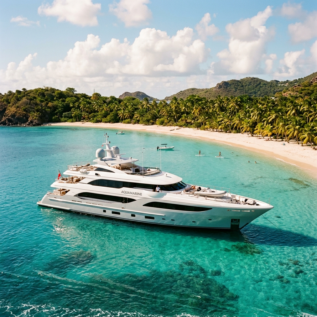 A luxury yacht anchored in a pristine turquoise bay in the Caribbean, palm trees and white sandy beach in the background, warm tropical sun