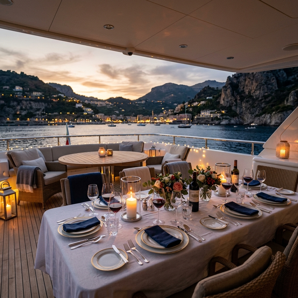 An elegant luxury yacht outdoor dining setup on the aft deck with a panoramic view of the coastline at dusk, fine china and wine glasses