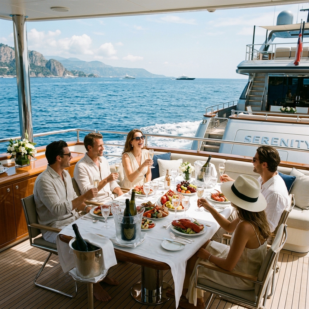 Affluent guests enjoying a champagne lunch on the aft deck of a luxury superyacht at sea, sunny day, editorial travel style