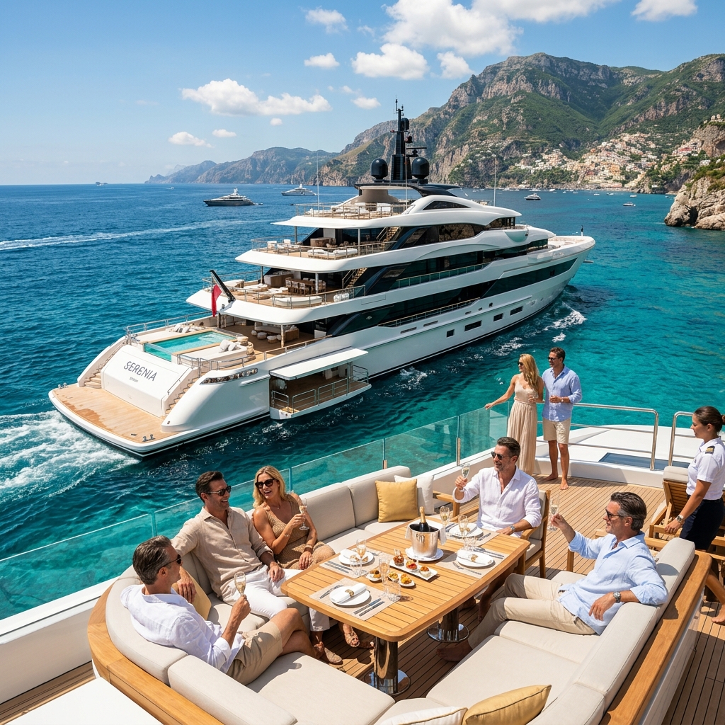 A luxury superyacht cruising through turquoise waters with guests enjoying a premium onboard experience