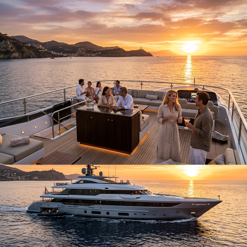 A premium superyacht sailing into the sunset with guests enjoying drinks on the flybridge, warm golden hour lighting