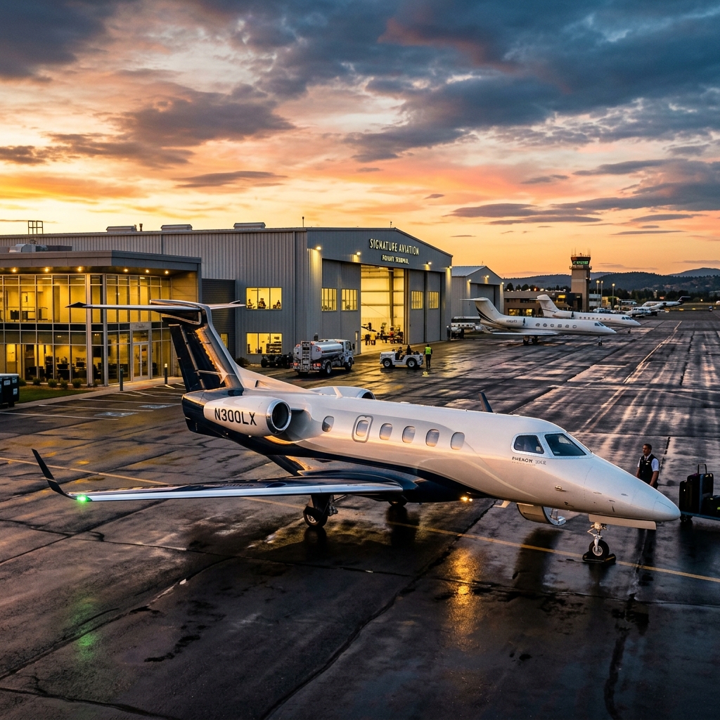Light and Super Light corporate private jet Phenom 300 on runway