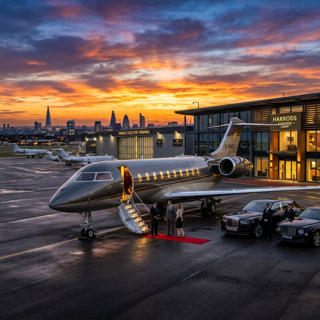 A high-fidelity ultra-premium private jet sitting elegantly on the tarmac at a London executive terminal FBO during twilight sunset