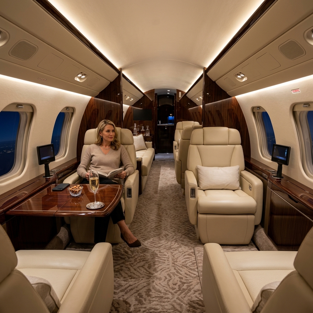 A luxurious private jet cabin interior displaying ultra-premium white leather seating, polished wood trim, custom warm ambient lighting, and elegant corporate dining settings.