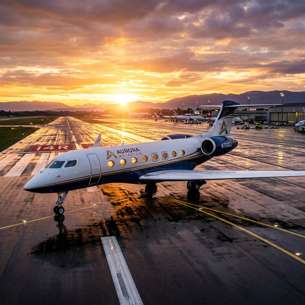 An ultra-luxury private jet parked on a damp runway at sunset, dramatic golden hour reflections, elite corporate private charter operations.