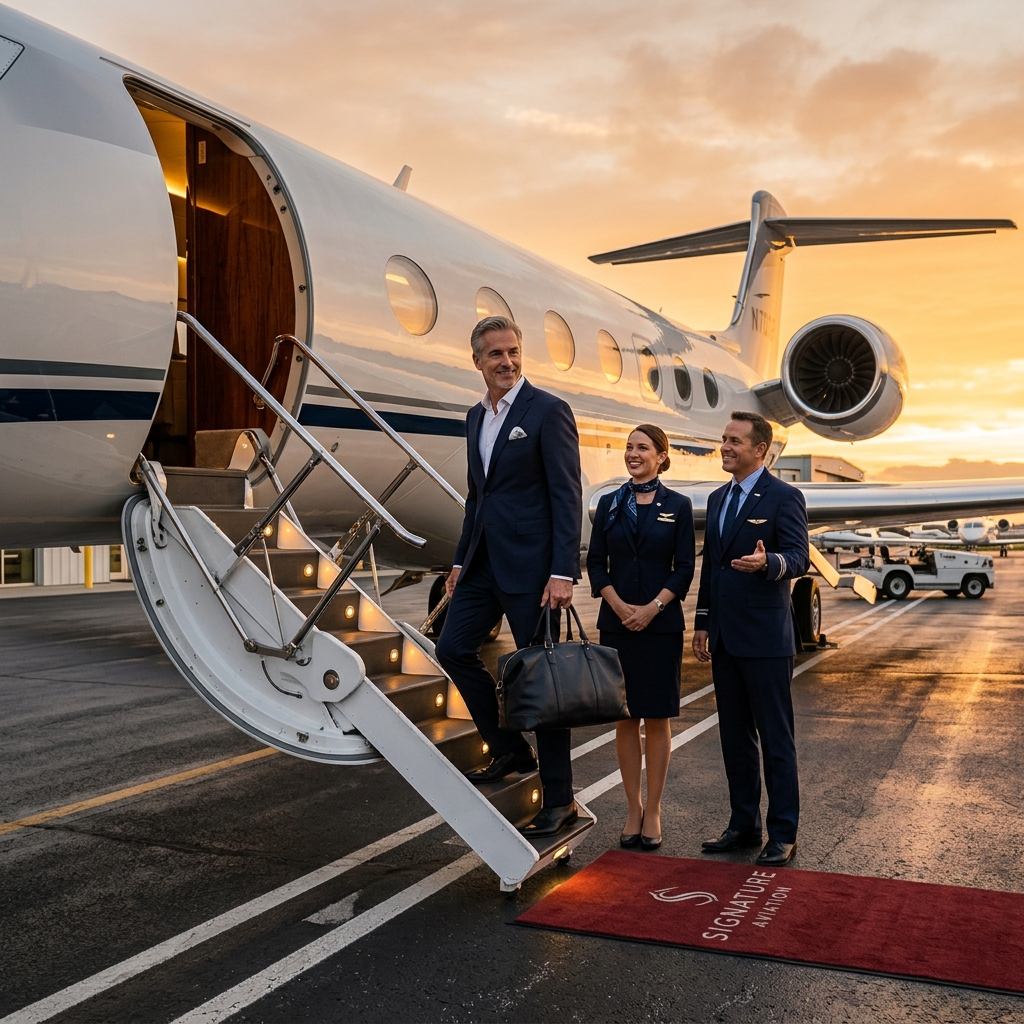 A sophisticated VIP passenger boarding a sleek Gulfstream G700 private jet parked on the tarmac at twilight with flight crew welcoming them