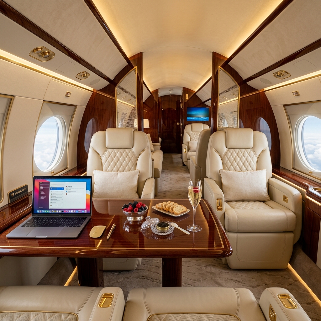 An ultra-luxury private jet cabin interior featuring cream leather seats, gold wood accents, and champagne catering on the polished table