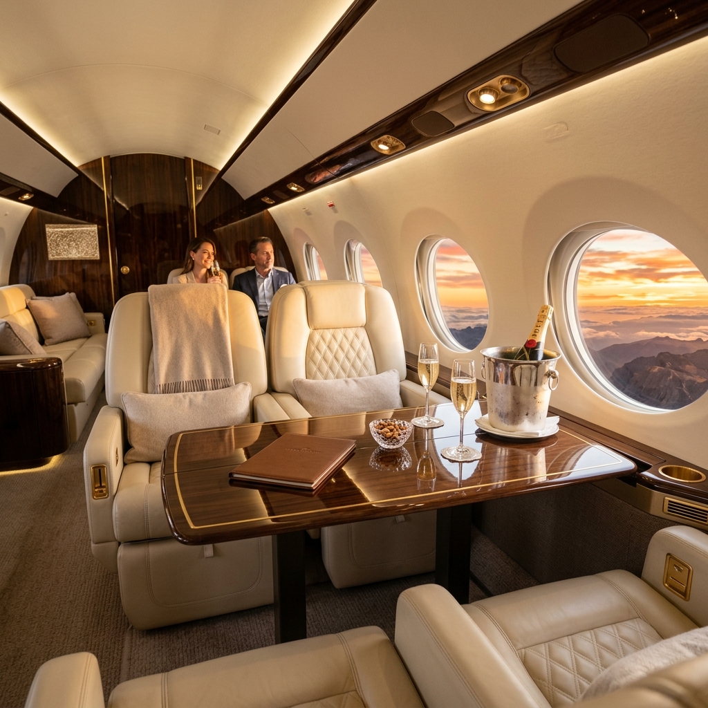 Luxury Private Jet Cabin Interior with Executive Leather Seating