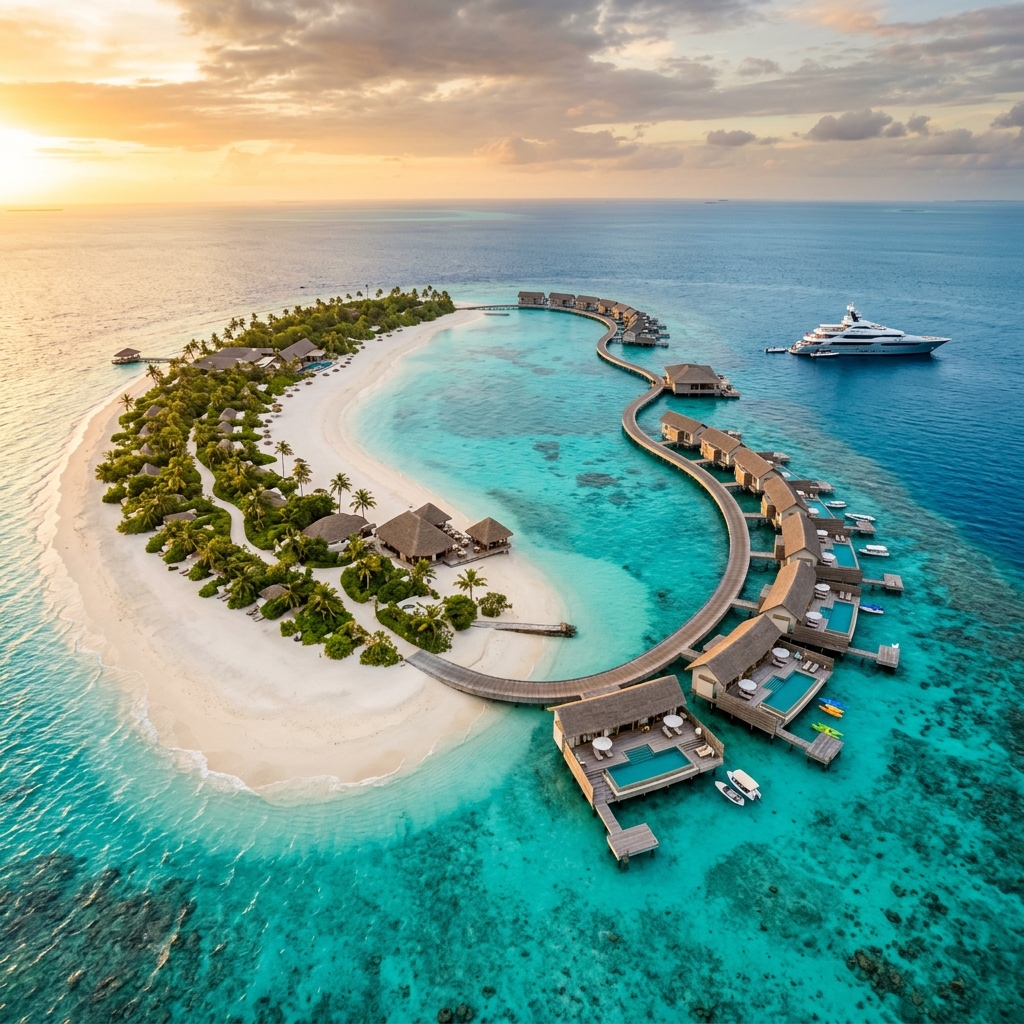 Maldives private island resort aerial view showing crystal-clear turquoise ocean lagoons and overwater villas