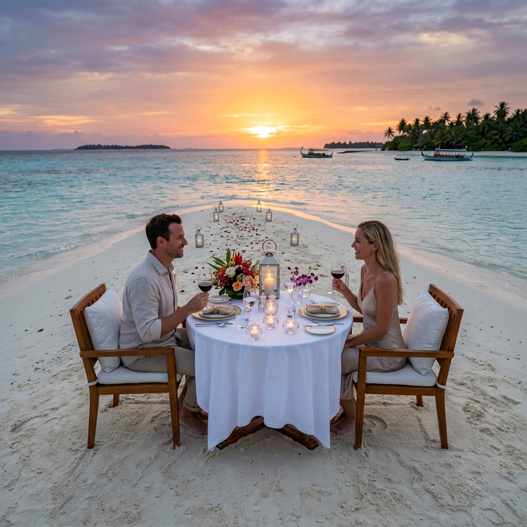 Maldives romantic sandbar fine dining experience at sunset with candlelight