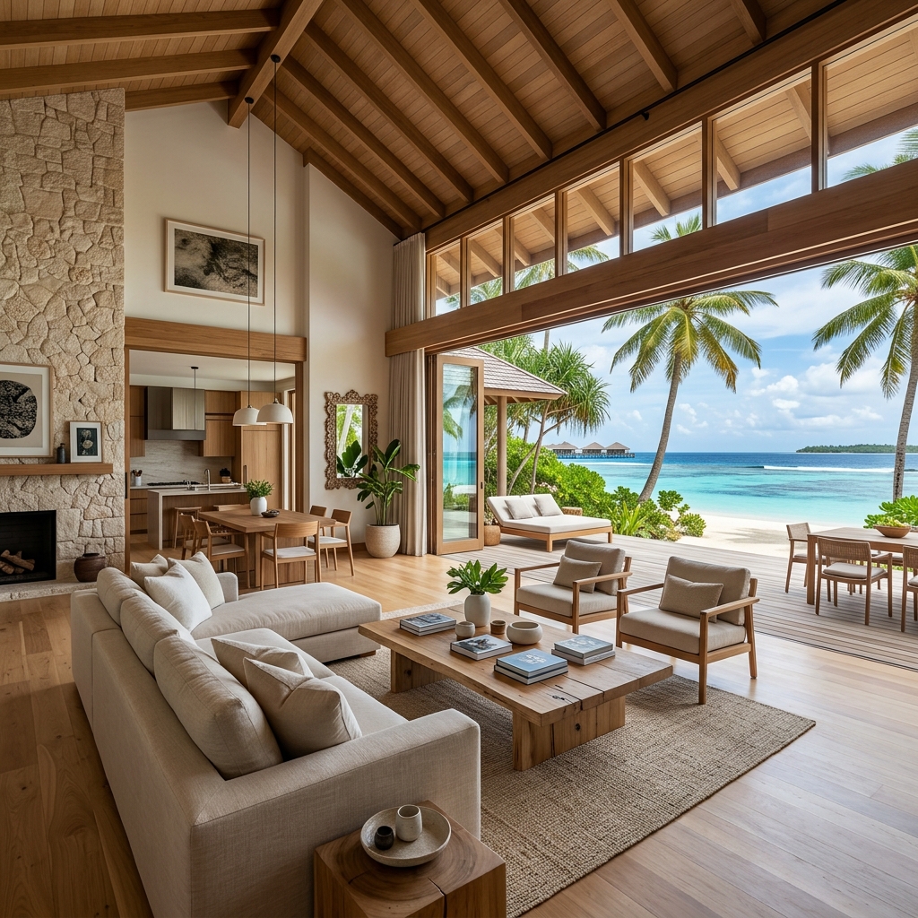 Maldives beachfront executive villa spacious living room interior looking out to turquoise sea