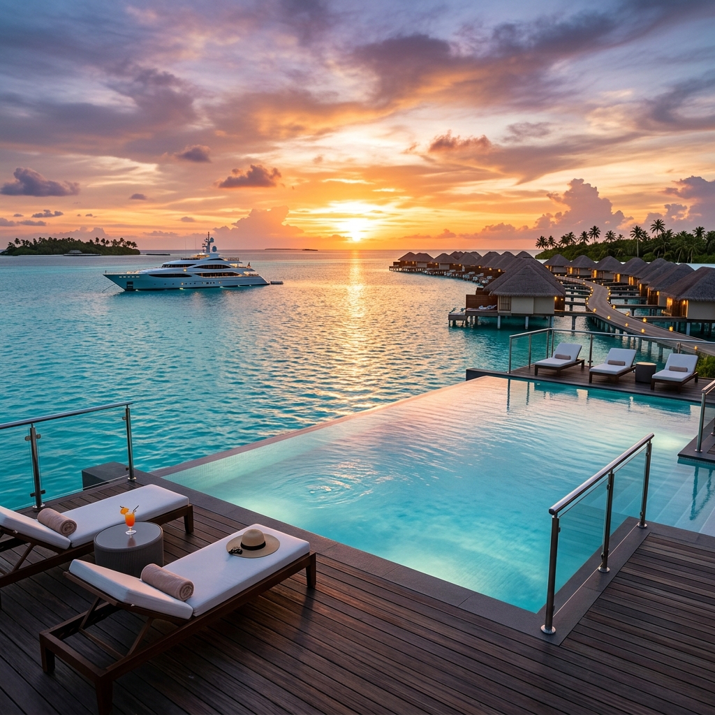 Maldives private island infinity edge pool overlooking turquoise lagoon with superyacht anchored off-shore