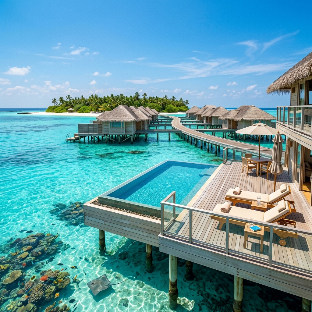Luxury overwater villa in the Maldives surrounded by beautiful shallow coral lagoon