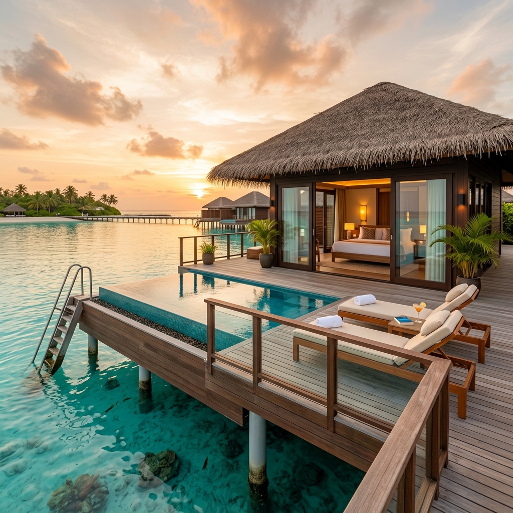 Maldives ultra-luxury overwater villa suite exterior with private infinity pool spilling into turquoise lagoon