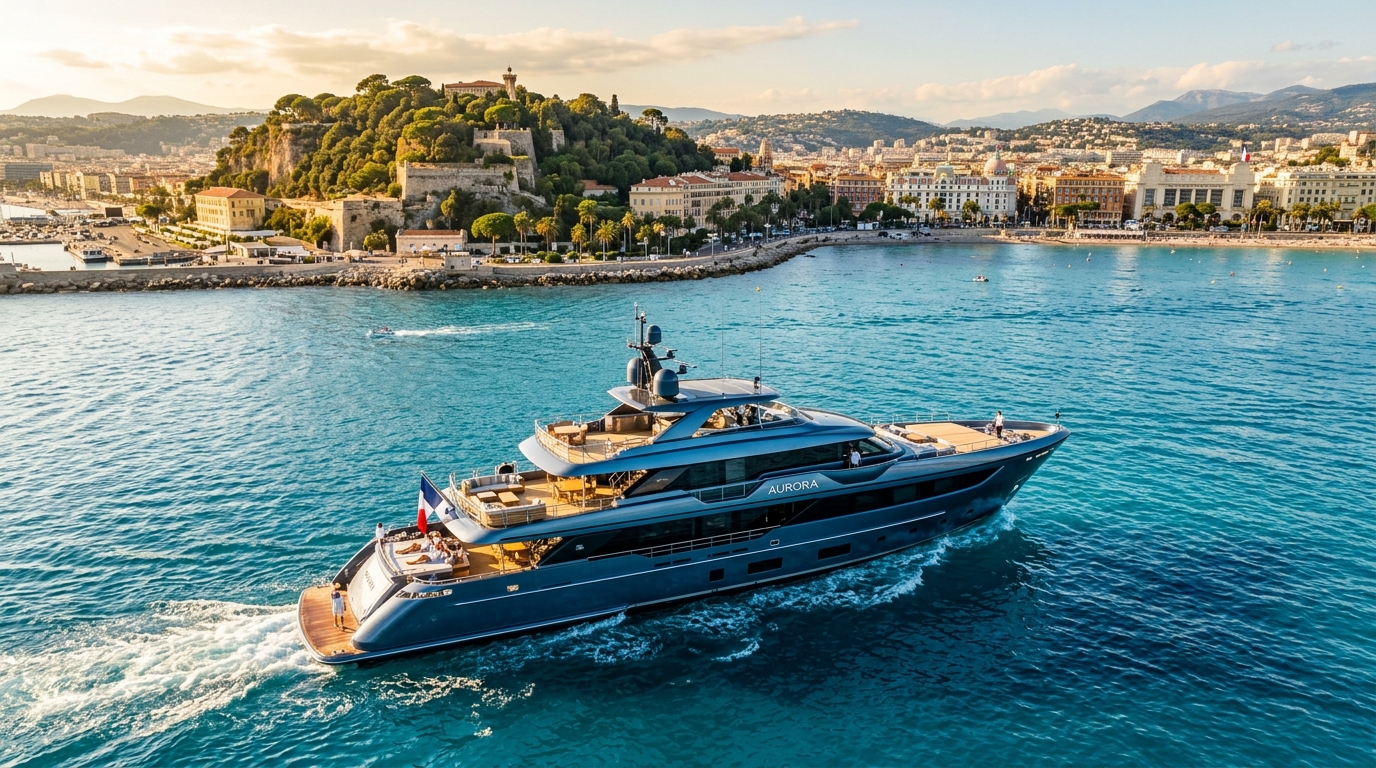 Luxury private motor yacht cruising in the Baie des Anges with Castle Hill and Nice Promenade des Anglais in the background