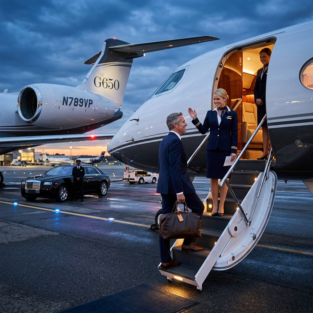 A high-fidelity visual showing a sophisticated VIP executive traveler boarding a luxury private jet on the runway with professional flight attendants