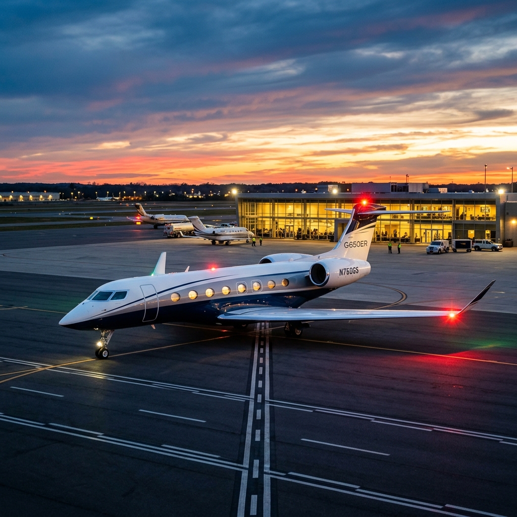 A high-fidelity premium luxury private jet sitting majestically on an executive terminal runway tarmac during a golden hour sunset