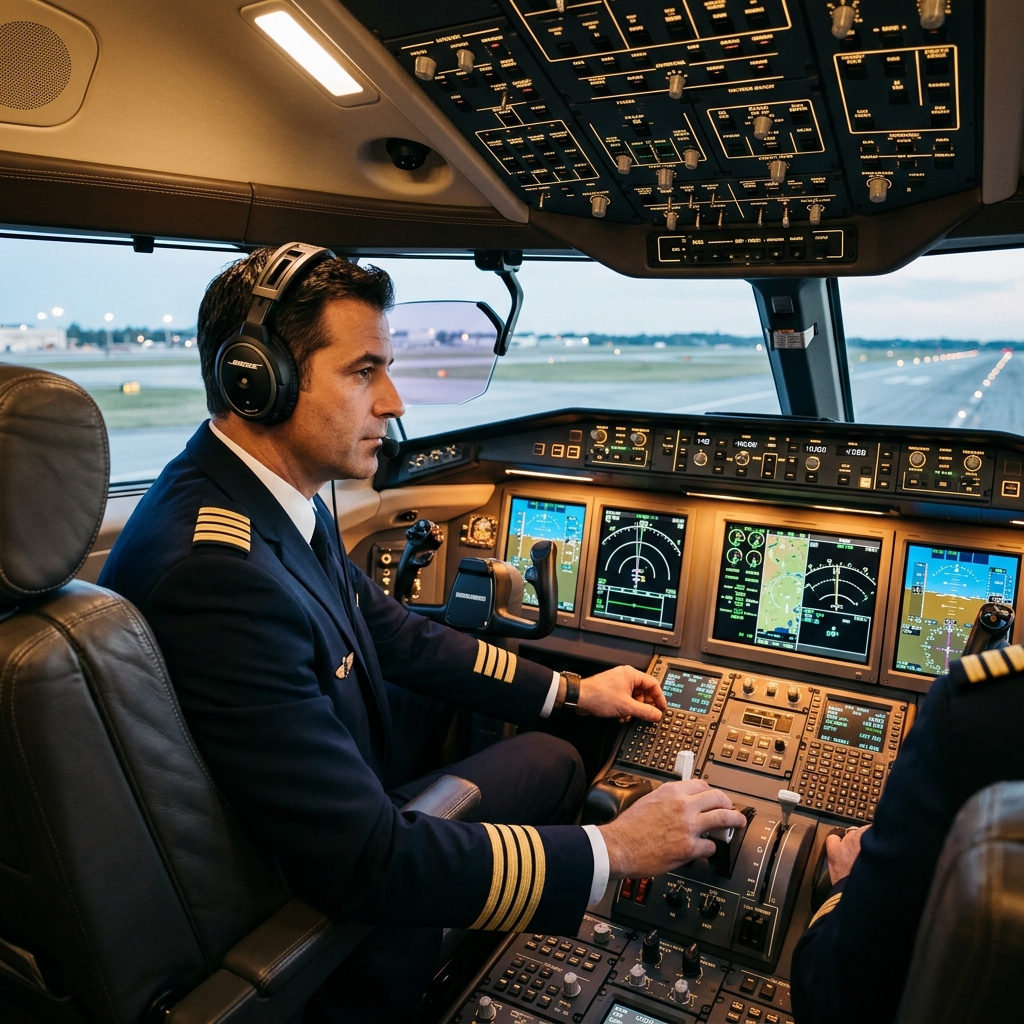 A sophisticated close-up of a luxury private aircraft cockpit showing modern glass avionics instrument screens with professional pilots preparing for takeoff