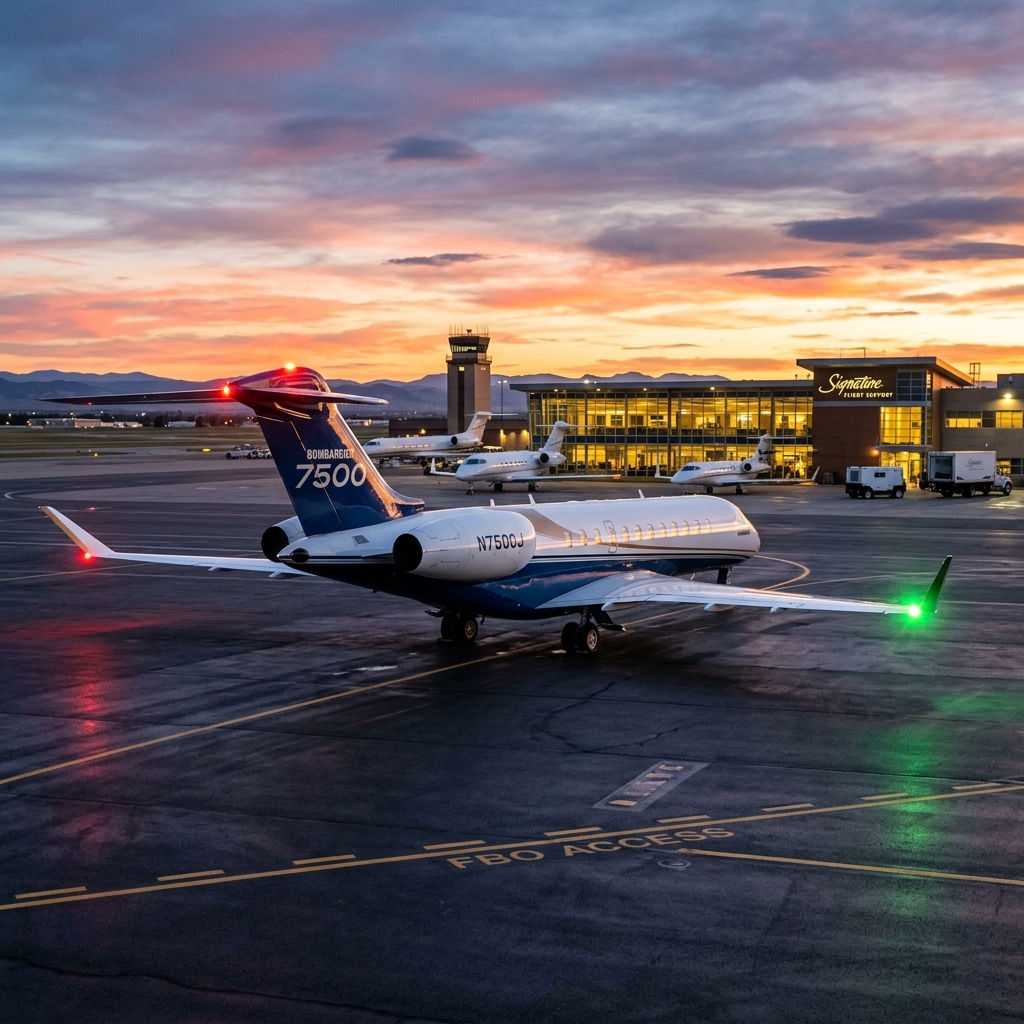A high-fidelity premium luxury private aircraft sitting majestically on an executive terminal airport runway tarmac during a golden hour sunset