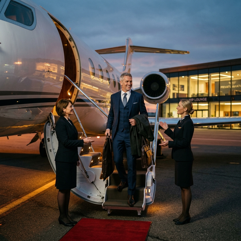 A high-fidelity visual showing a sophisticated VIP executive traveler boarding a luxury private jet on the runway with professional flight attendants