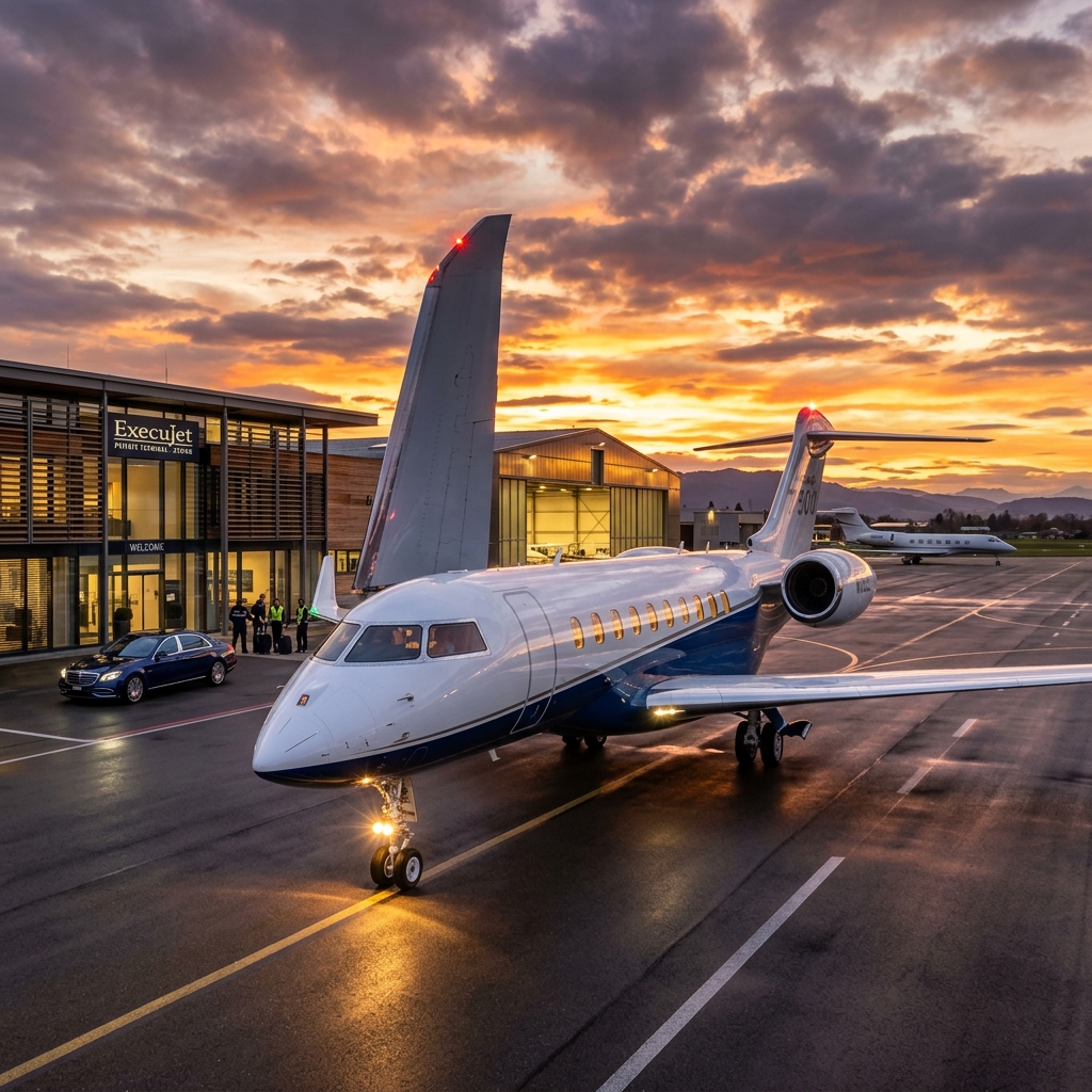 A high-fidelity premium luxury private jet sitting majestically on an executive terminal runway tarmac during a golden hour sunset