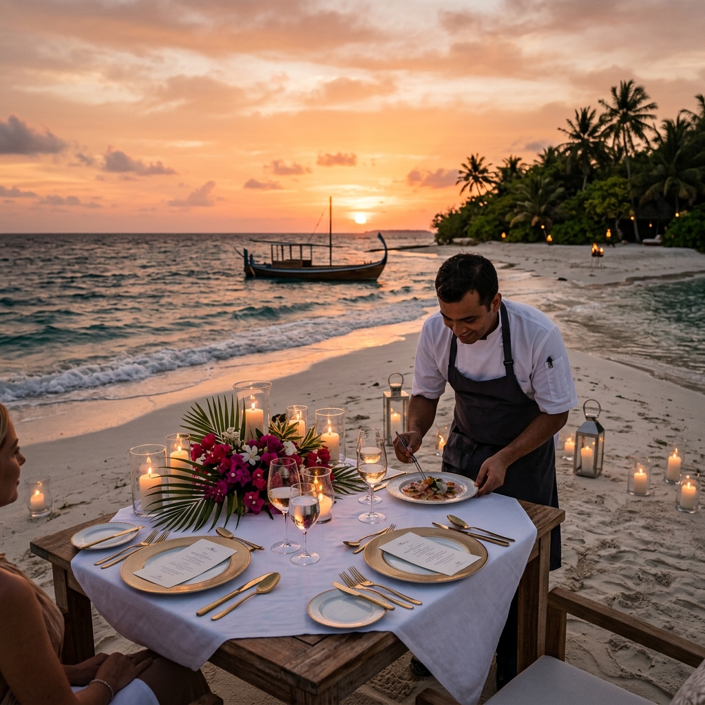 A private Michelin-starred chef presenting a gourmet dining setup on a private tropical beach sandbar at sunset