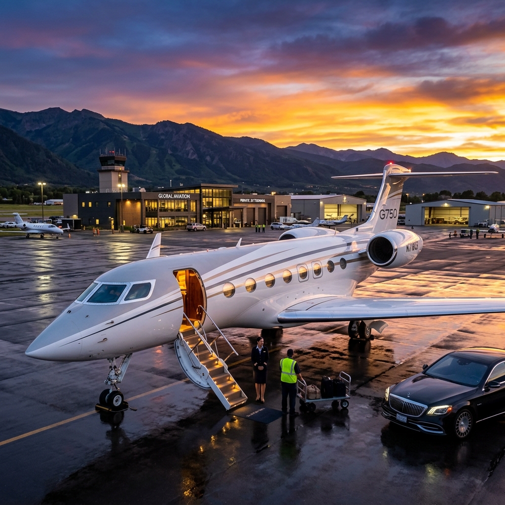 A premium luxury private jet ready for immediate departure parked on an executive FBO tarmac during a gold and violet sunset with warm interior cabin lights glowing