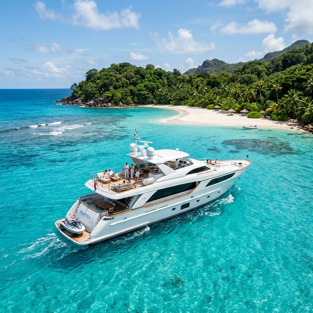 A luxury yacht cruising near a private island in the Caribbean