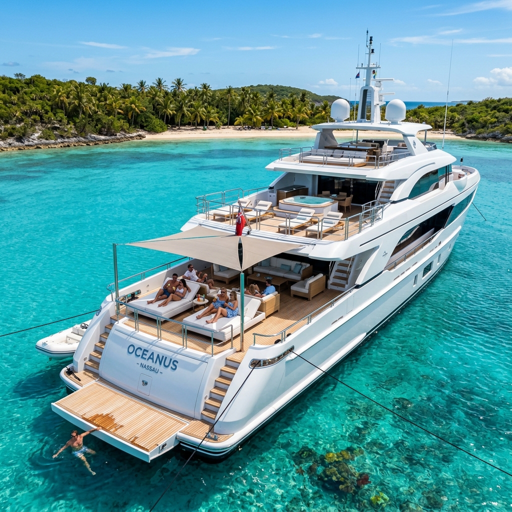 A premium luxury motor yacht anchored in the crystal-clear tropical waters of the Bahamas with guests enjoying an exclusive vacation experience