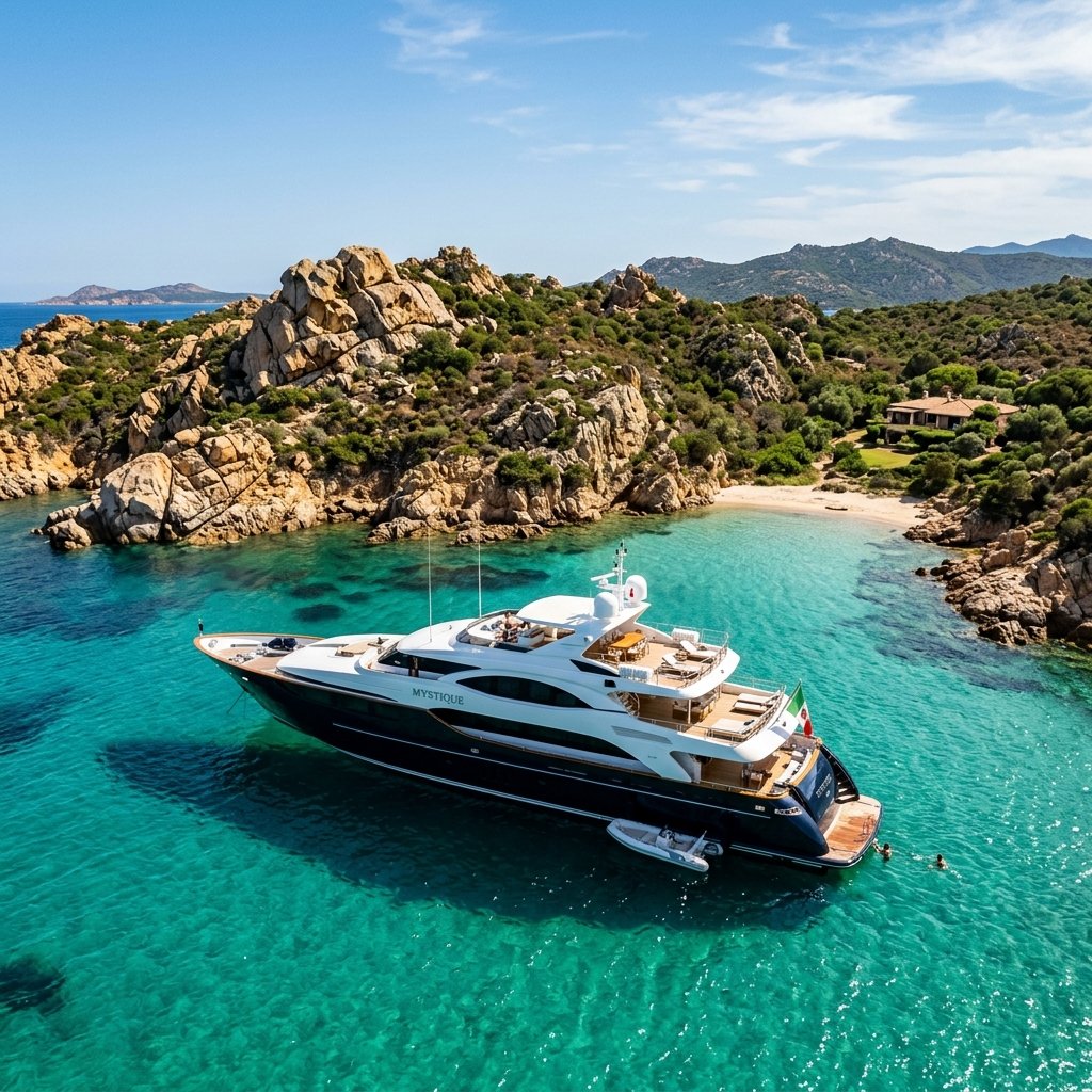 Luxury Sardinia yacht charter anchored off the Costa Smeralda coastline