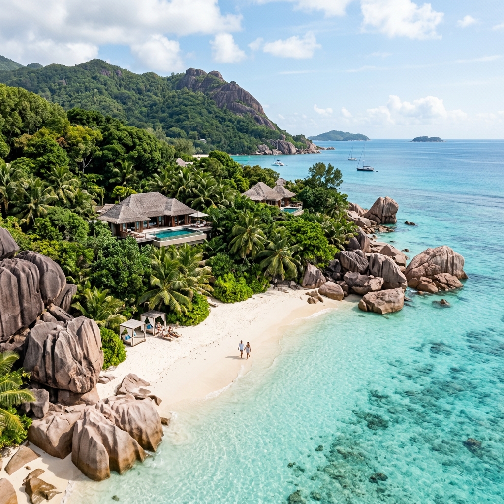 Ultra-luxury tropical beachfront resort in Seychelles with pink granite boulders and turquoise Indian Ocean