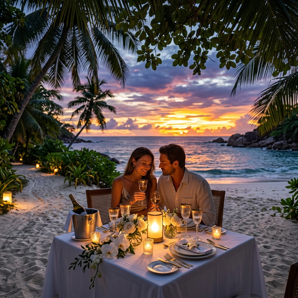 A romantic candlelit private dining table on the beach at sunset under a canopy of tropical palm trees