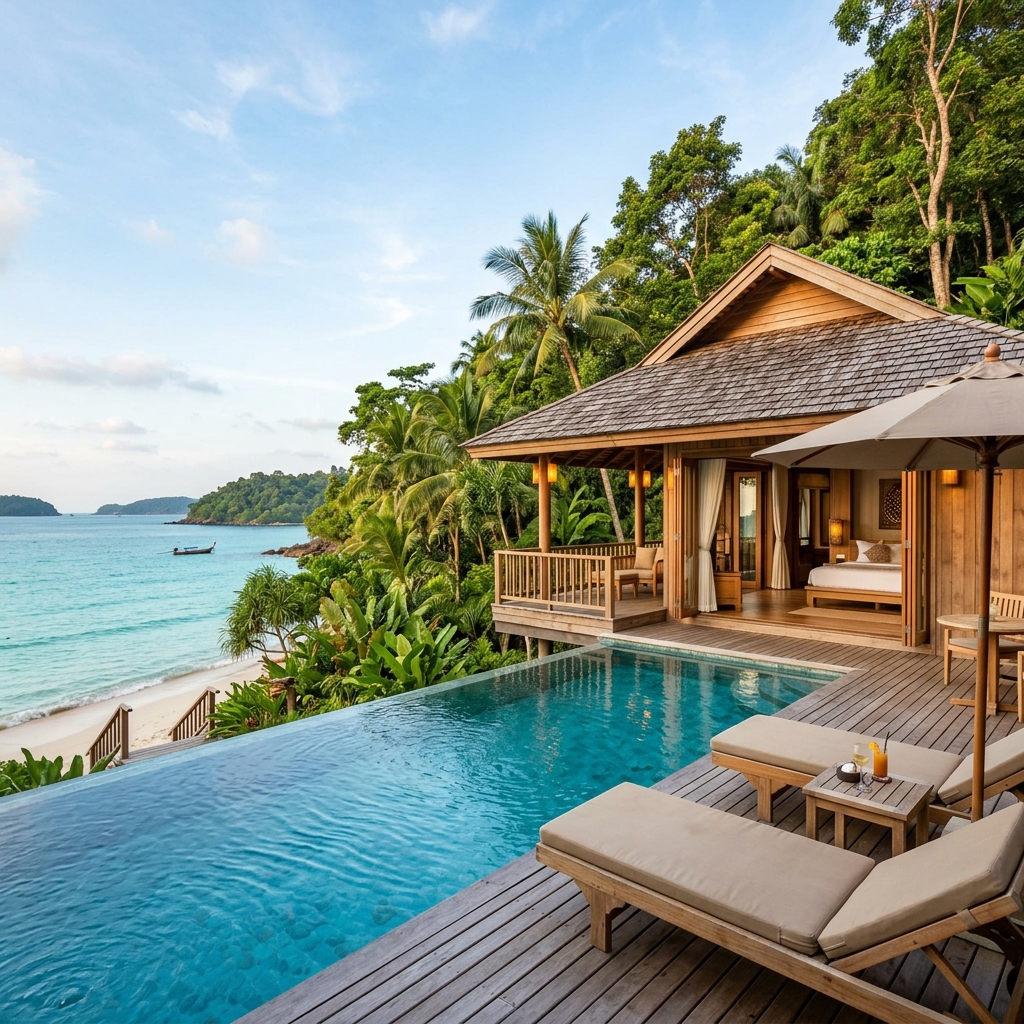 Luxury wooden pool villa overlooking the ocean and surrounded by lush green jungle in Koh Kood Thailand