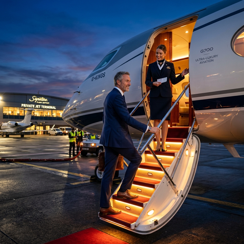 A VIP billionaire traveler boarding an ultra-luxury private jet at a private terminal FBO, displaying the concierge-level service of our exclusive jet charter company