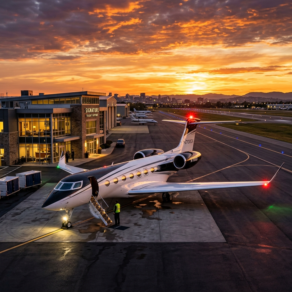 A majestic Gulfstream G700 sitting on an executive terminal tarmac during twilight golden hour sunset, showing off-market assets available via our global VIP private jet services