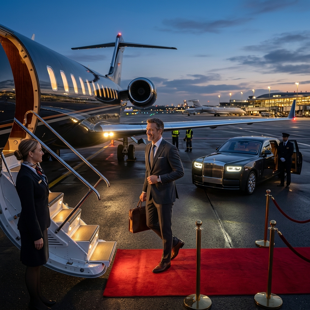 An elegant business executive boarding a sleek private jet, a premium chauffeur sedan in the background, a red carpet leading to the aircraft on the private tarmac.