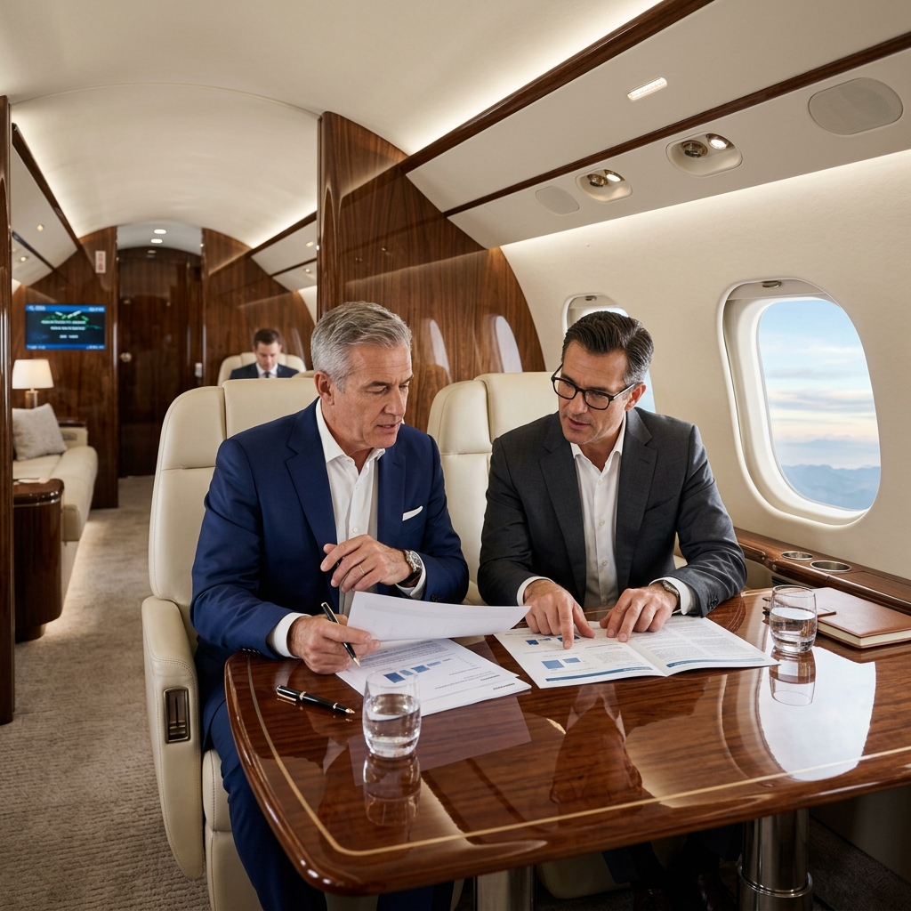 Two premium high-net-worth passengers collaborating around a polished mahogany table inside a private jet cabin boardroom in mid-flight