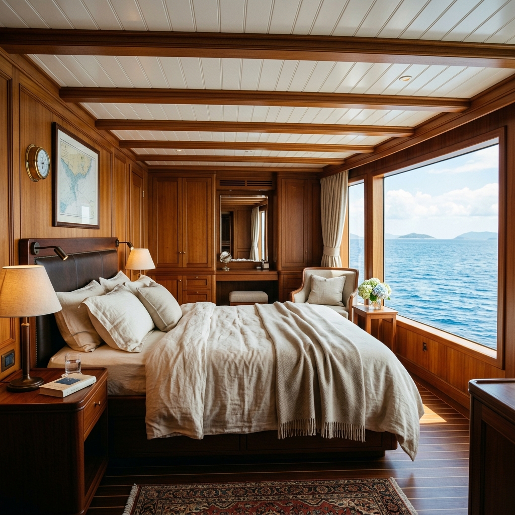A master suite stateroom cabin inside a premium sailing yacht, elegant linen sheets, large ocean view window, warm wooden aesthetics, luxury boutique hotel style