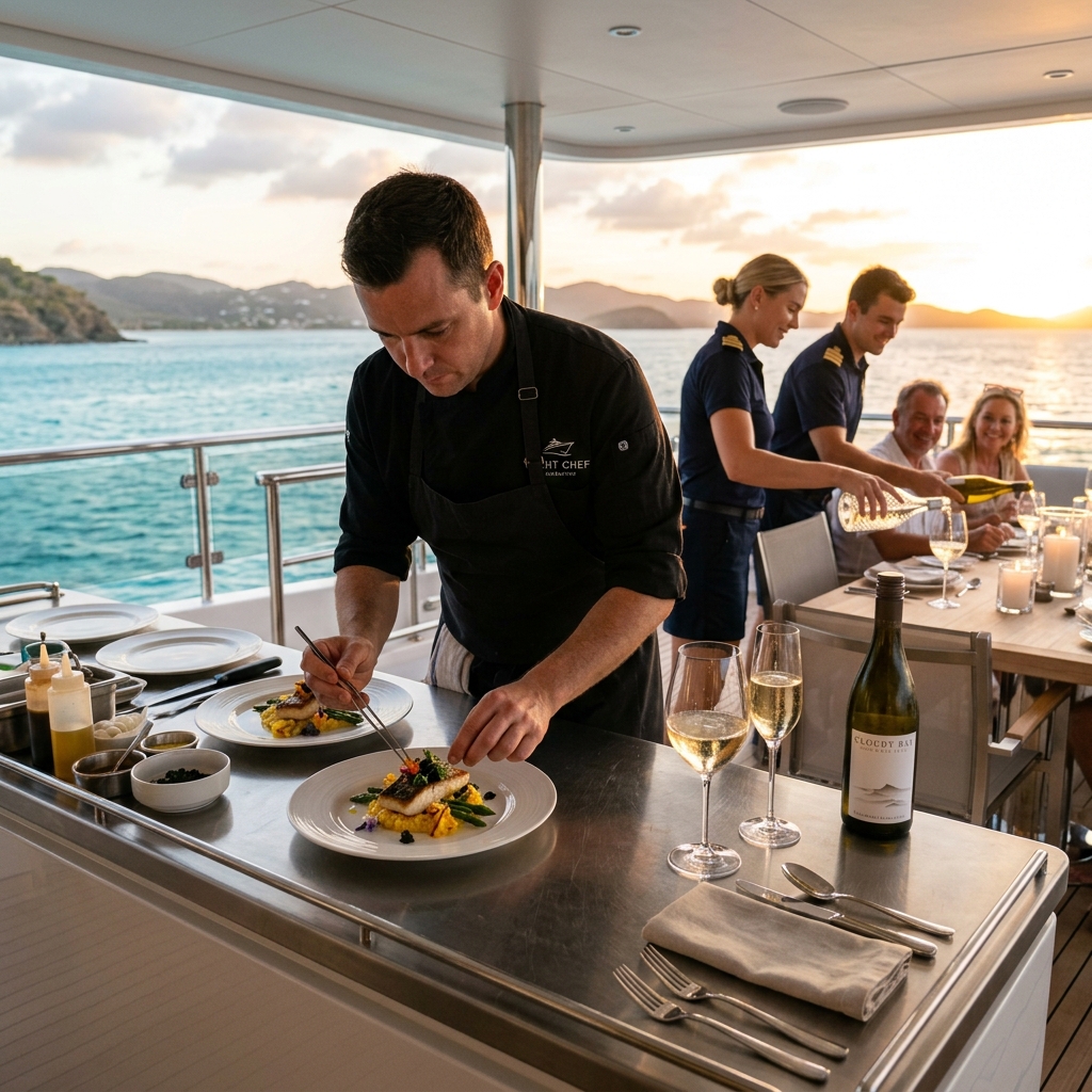 A high-end private chef plating gourmet dishes in a luxury yacht kitchen deck, beautiful seafood and wine glasses, professional crew serving guests, warm sunset lighting, editorial food photography