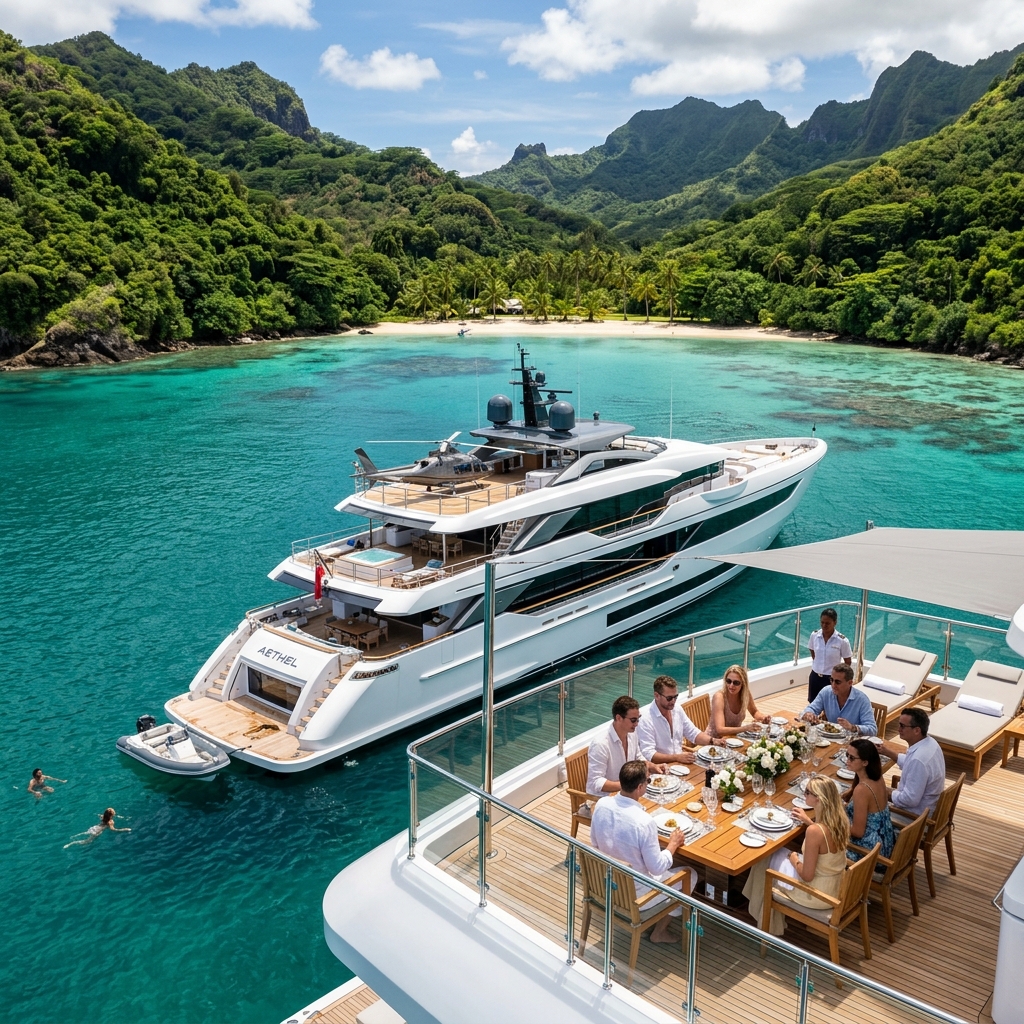 A premium luxury superyacht anchored in a secluded tropical cove with turquoise water, sunny day, affluent guests dining on the deck, photo-realistic, architectural digest style