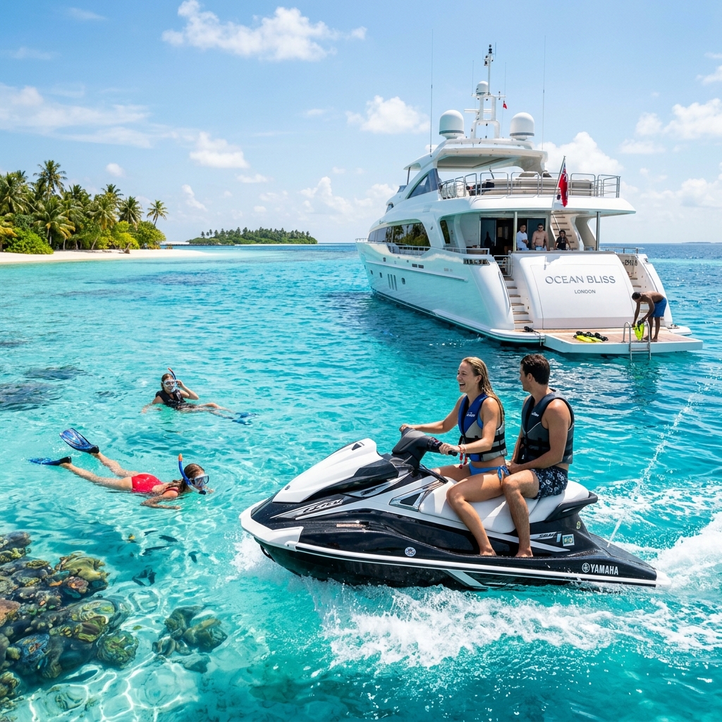 Happy luxury travelers playing with water toys, jet ski, and snorkeling in a crystal-clear lagoon next to a sleek yacht, sunny day, active lifestyle photography