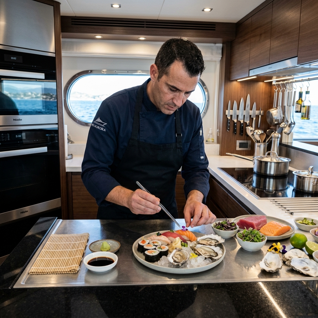 A private yacht chef preparing gourmet oysters and sushi inside the sleek professional galley of a superyacht, plating with precision, modern design
