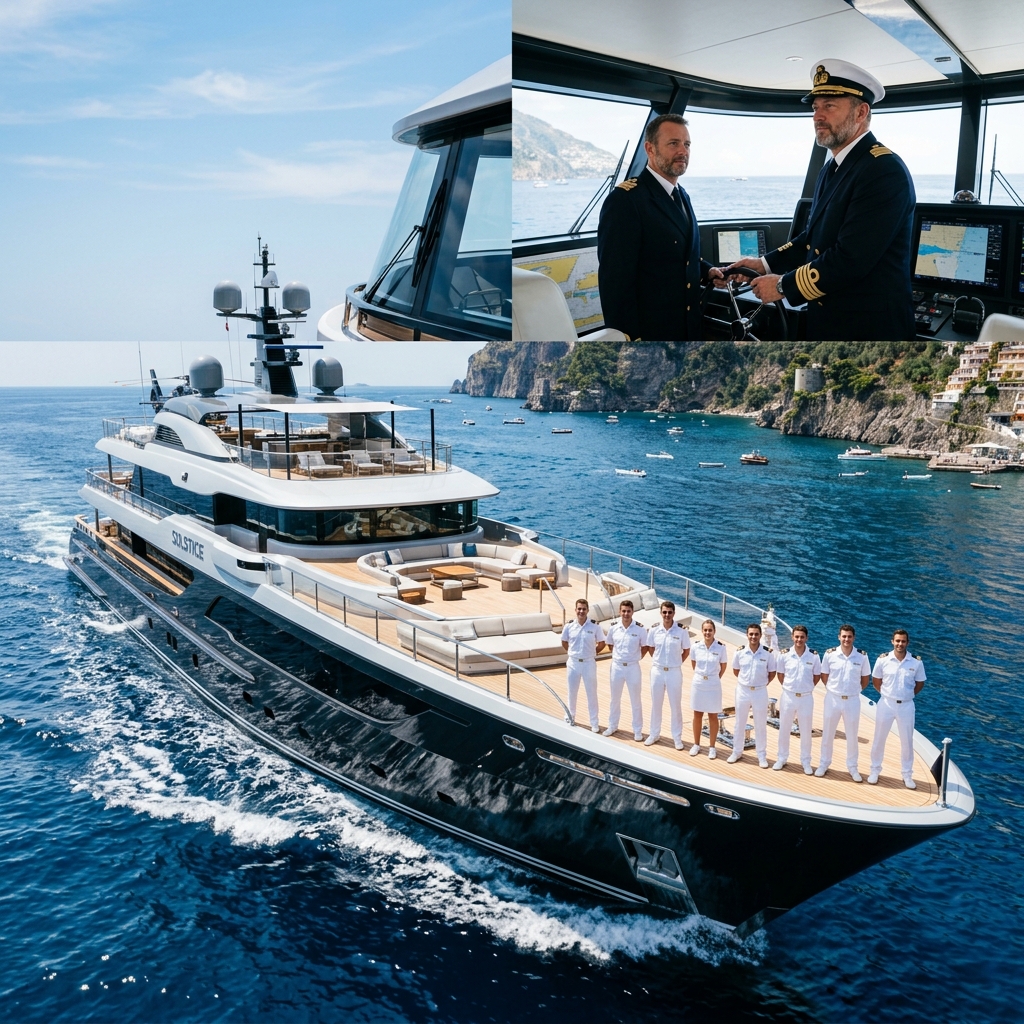 A premium luxury superyacht cruising through deep blue waters with professional crew standing in smart white uniforms on deck, sunny day, editorial travel photography