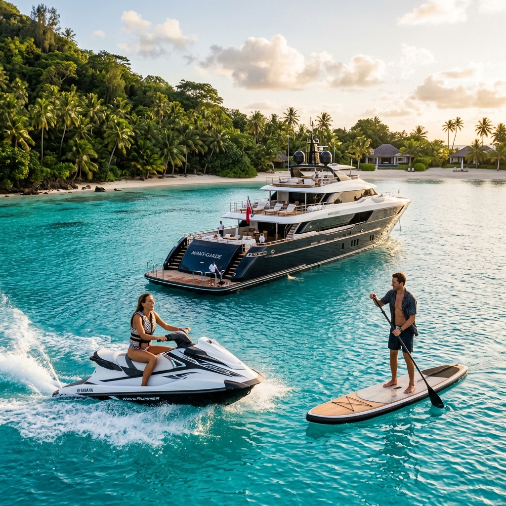 Guests enjoying water sports activities near a luxury superyacht anchored in a private lagoon