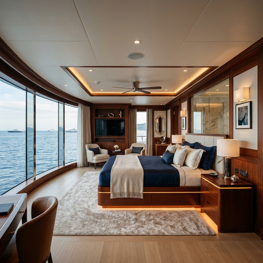 A master stateroom suite cabin inside an ultra-luxury megayacht with a panoramic glass window showing ocean views