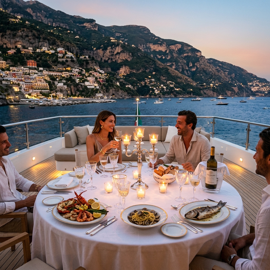 An elegant luxury yacht outdoor dining setup on the aft deck with a panoramic view of the coastline at dusk
