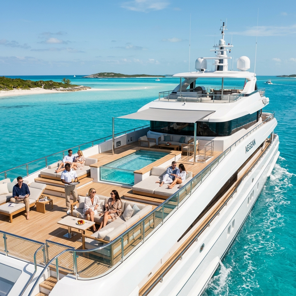 A premium luxury superyacht cruising through crystal-clear blue waters with guests enjoying premium onboard experiences