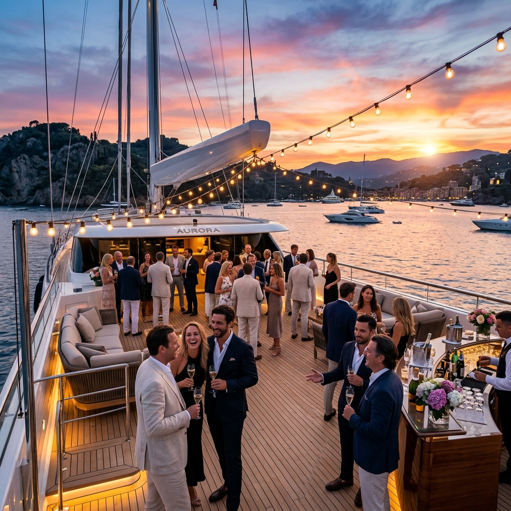 Guests enjoying an elegant private sunset event on the spacious deck of a luxury charter superyacht
