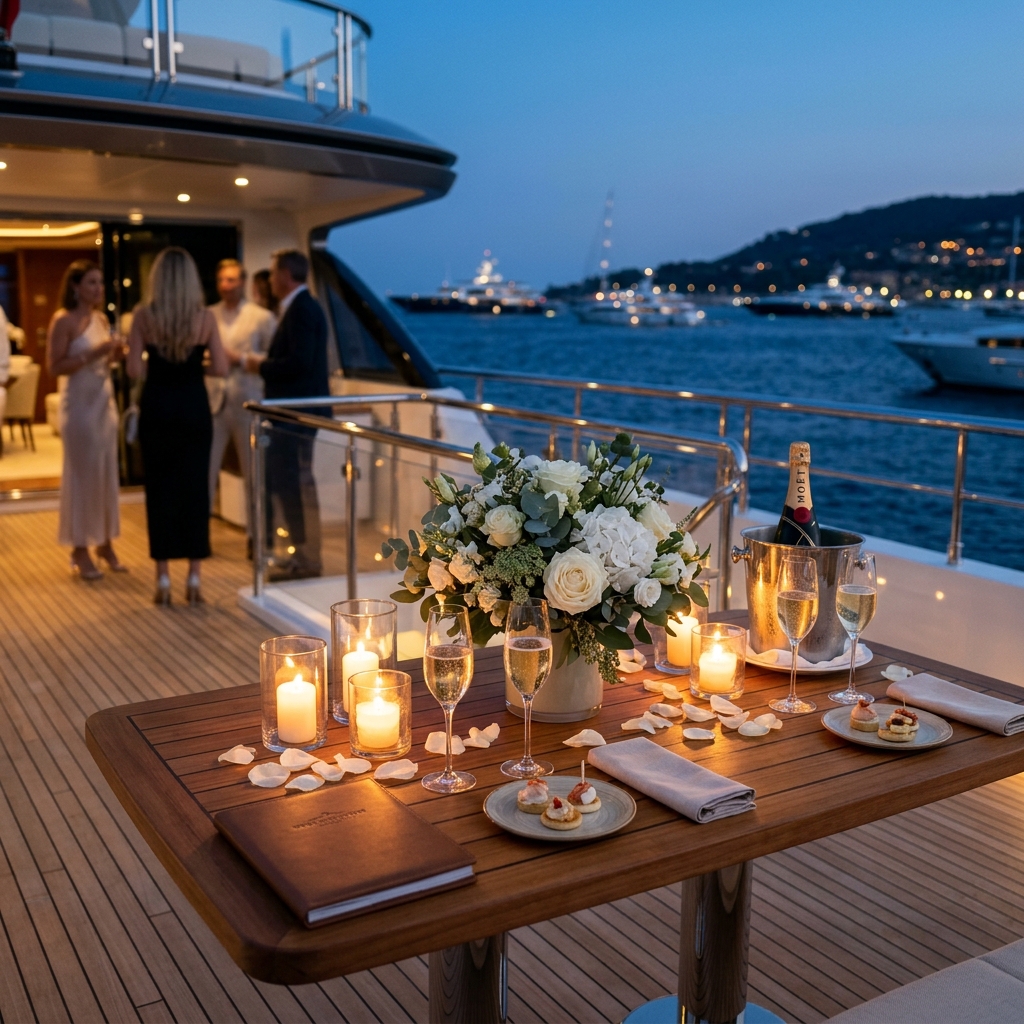 A close-up luxury event setup on a teak yacht deck at twilight with premium champagne glasses and white floral arrangements