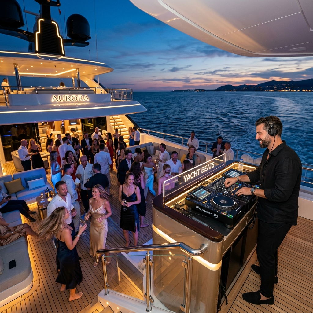 A live DJ performance at twilight on the deck of an illuminated luxury megayacht with guests dancing